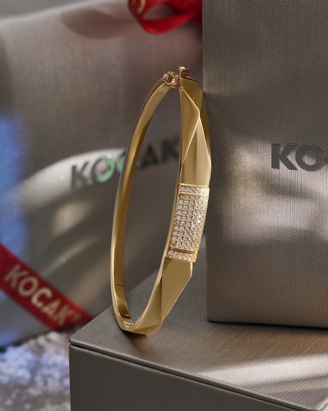 14 Ayar Taşlı Tasarım Köşeli Kelepçe Altın Bileklik