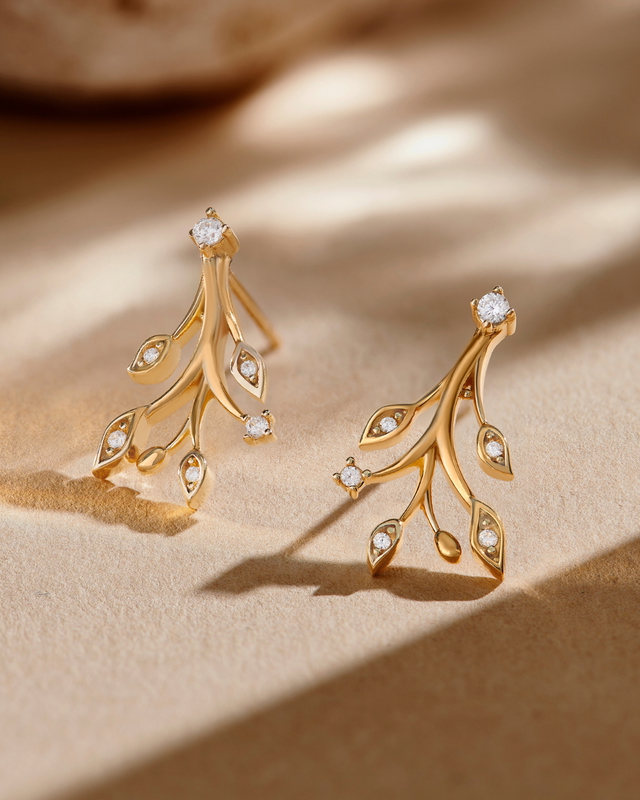 14 Ayar Bahar Dalı Tasarım Altın Küpe