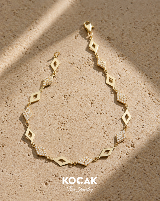 14 Ayar Taşlı Tasarım Prizma Altın Bileklik