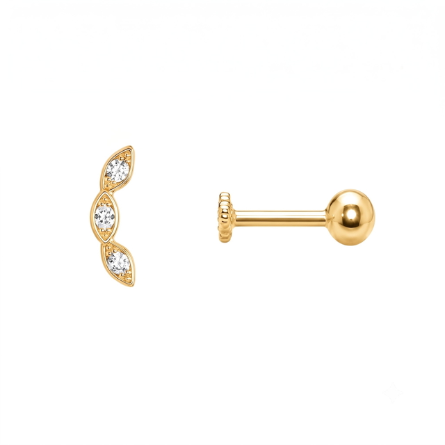 14 Ayar Taşlı Tasarım Düz Bar Piercing